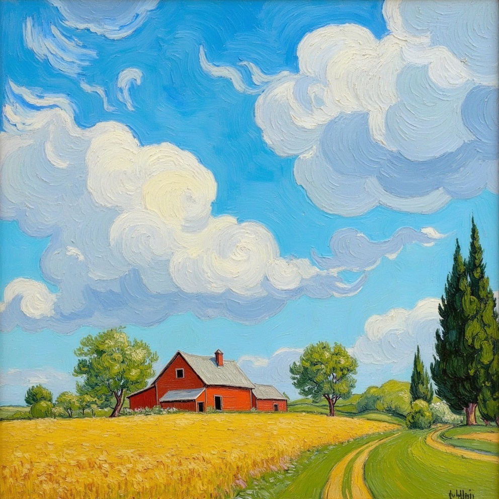 scenic painting of a farm with a blue sky and clouds