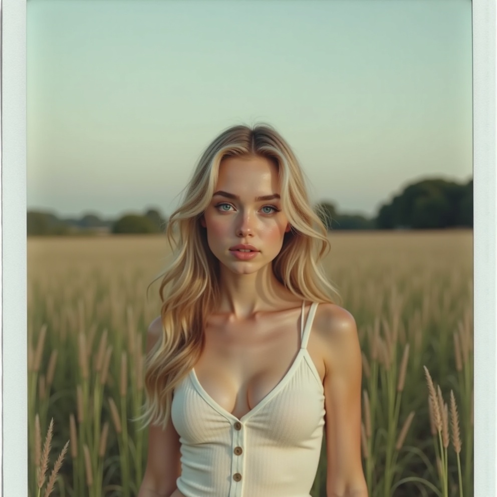 polaroid photo of a woman posing for a photo in a grassy field