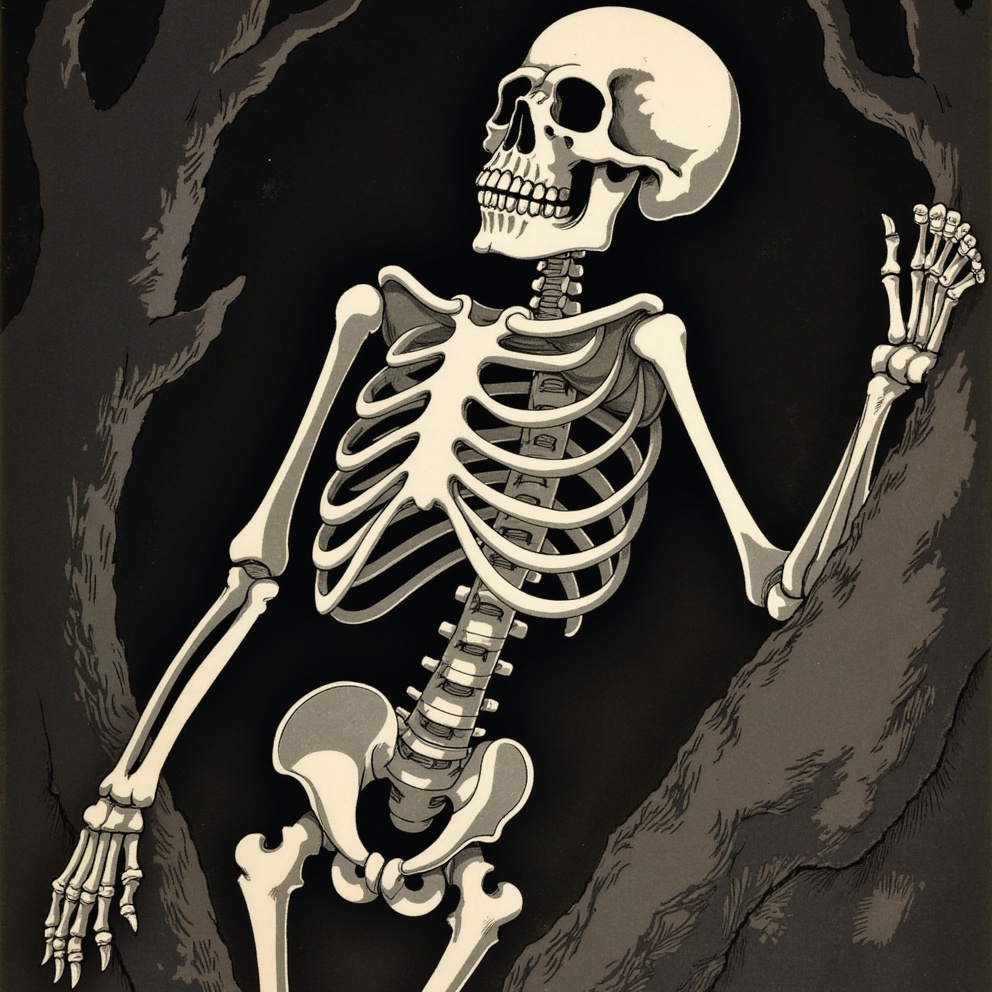 a skeleton climbing out of a graveyard