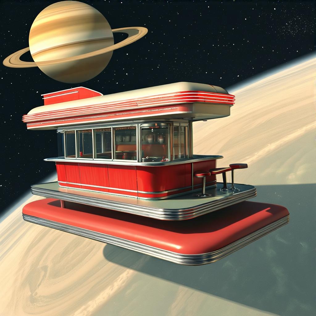 A 1950s diner floating in space, orbiting Saturn