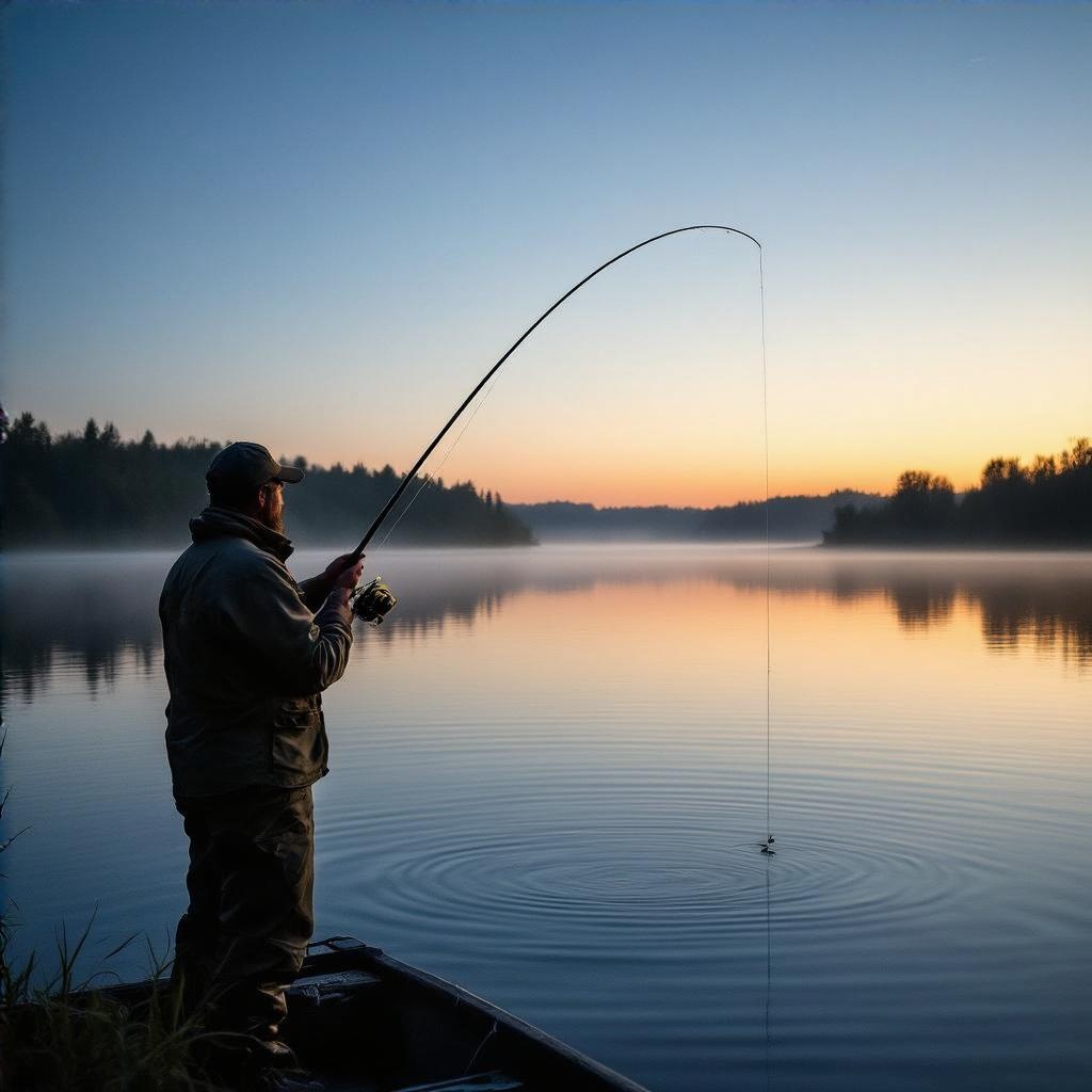 A fisherman casting a line into a quiet lake at dawn