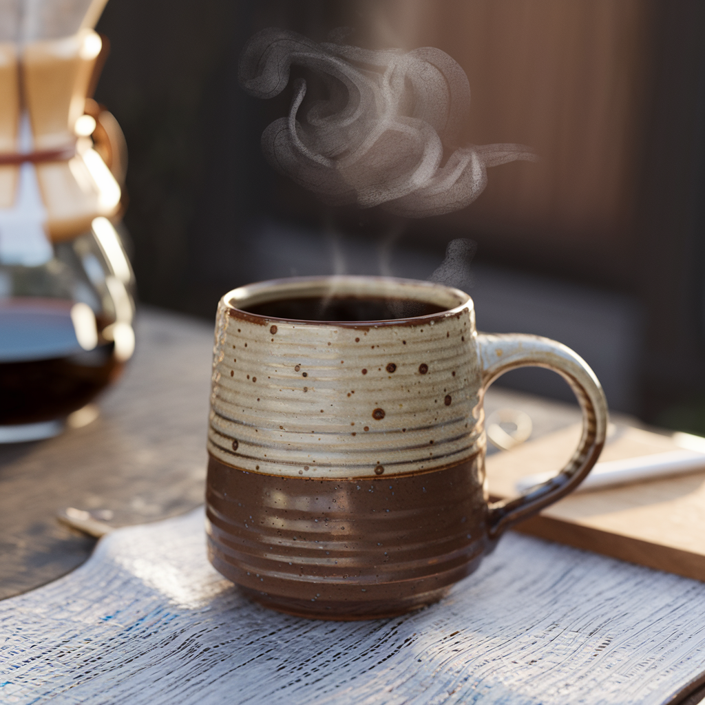 Close-up photo of a handmade ceramic coffee mug on a wooden table, morning sunlight, steam rising, highly realistic — Realistic