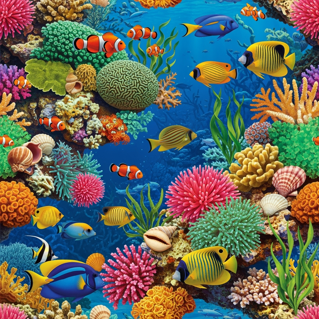 Seamless tileable pattern of coral reef life—fish, shells, seaweed—in bright, saturated colors