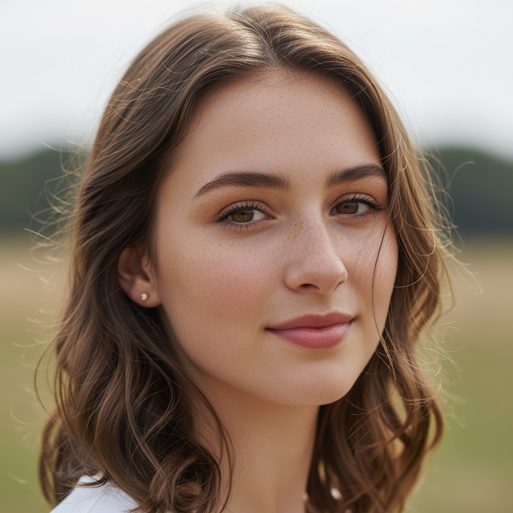 Realistic portrait of a young woman in natural daylight, freckles visible, wind gently moving her hair, shallow depth of field