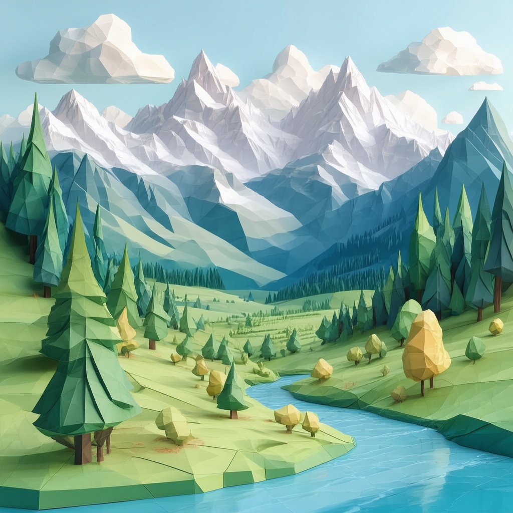 Low-poly 3D landscape of a mountain valley with a small river, stylized trees and clouds, pastel color palette, isometric perspective
