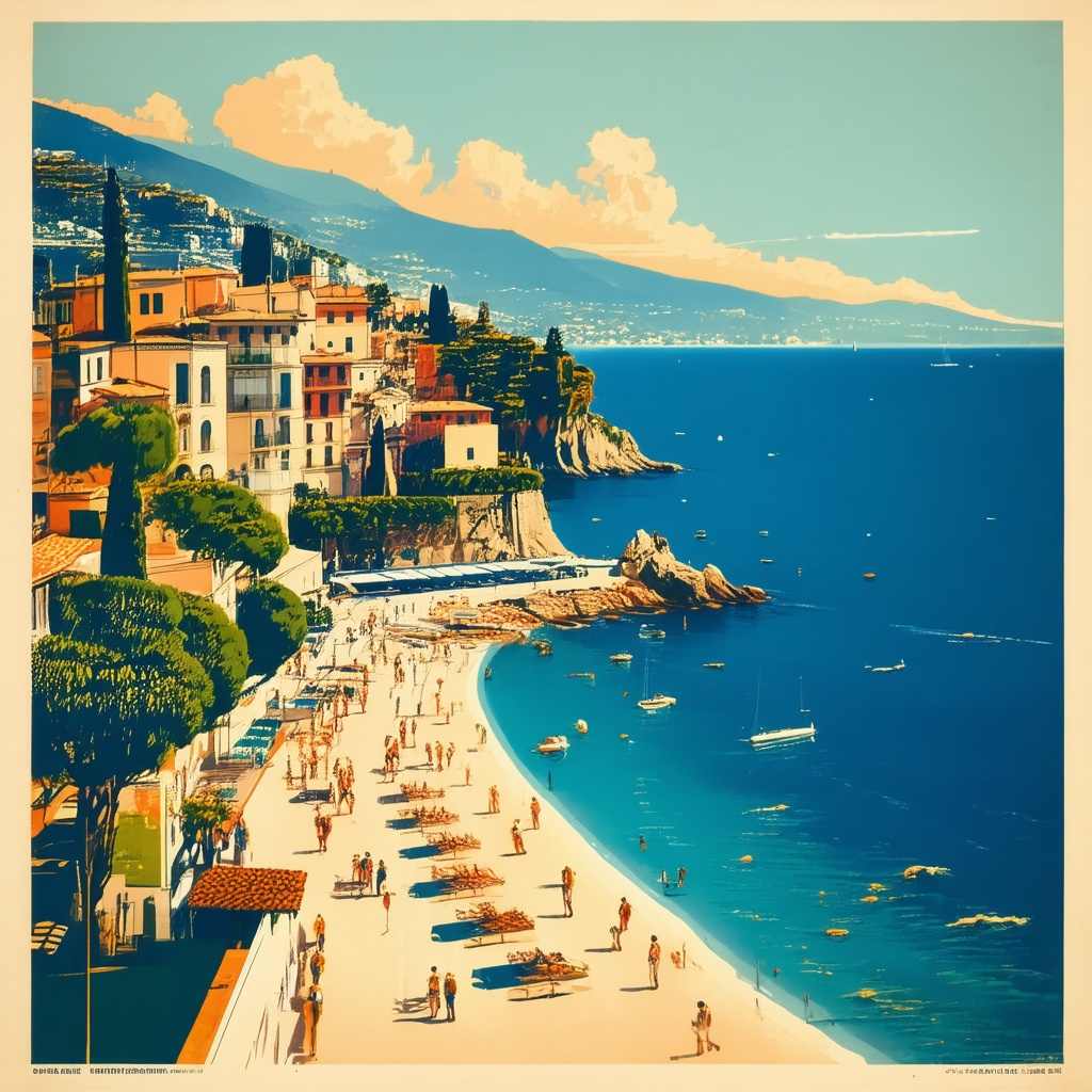 A retro travel poster of the Italian Riviera, bold colors, flat graphic style, stylized typography, 1960s design aesthetic