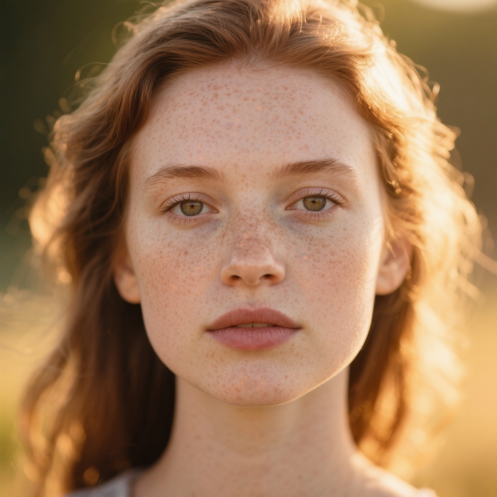 A close-up portrait of a woman with freckles and natural makeup, backlit by golden hour sunlight