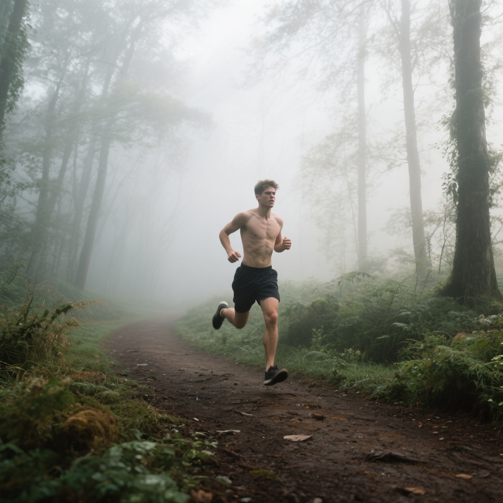 A young man jogging along a forest trail in early morning fog, dynamic motion, natural colors.